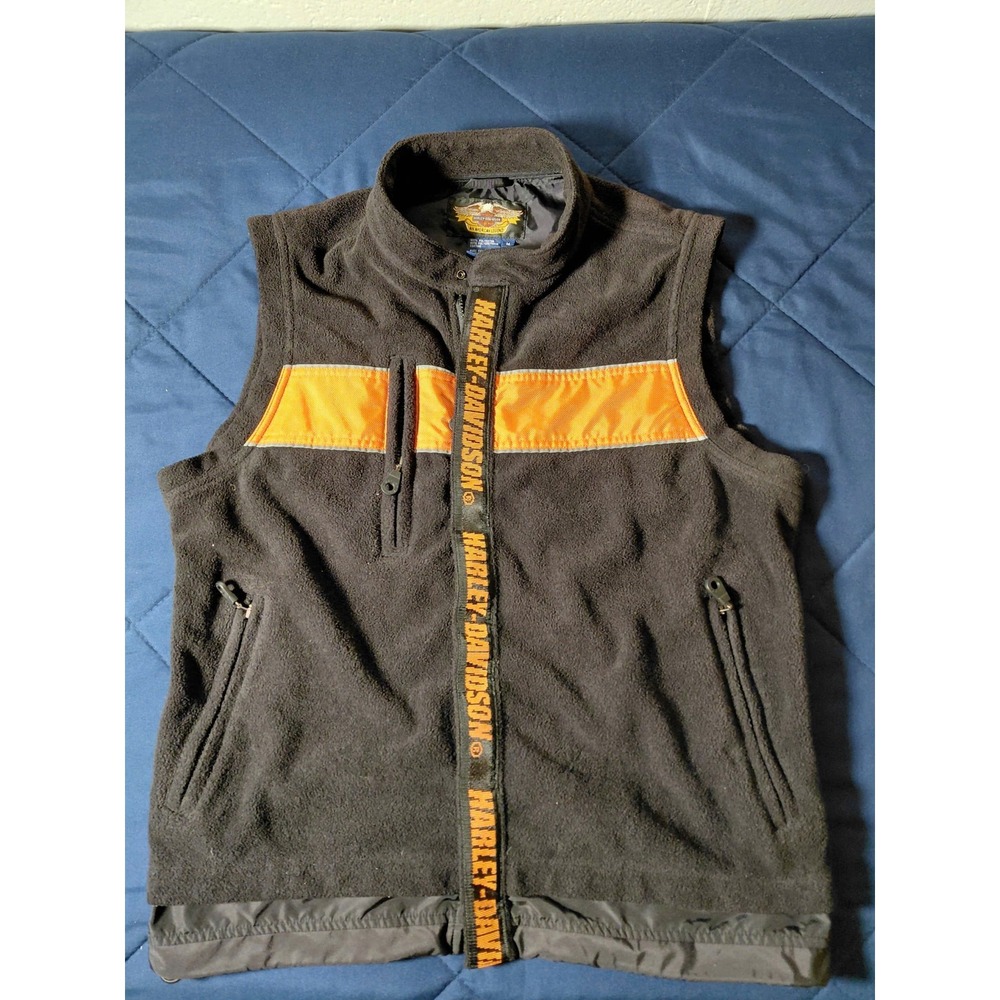 Harley-Davidson Black Fleece Vest Zip Up Orange Stripe Logo - Size M